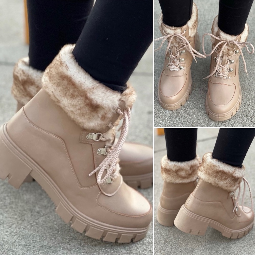 Taupe Lace-up Combat boot with faux fur ankle cuff
